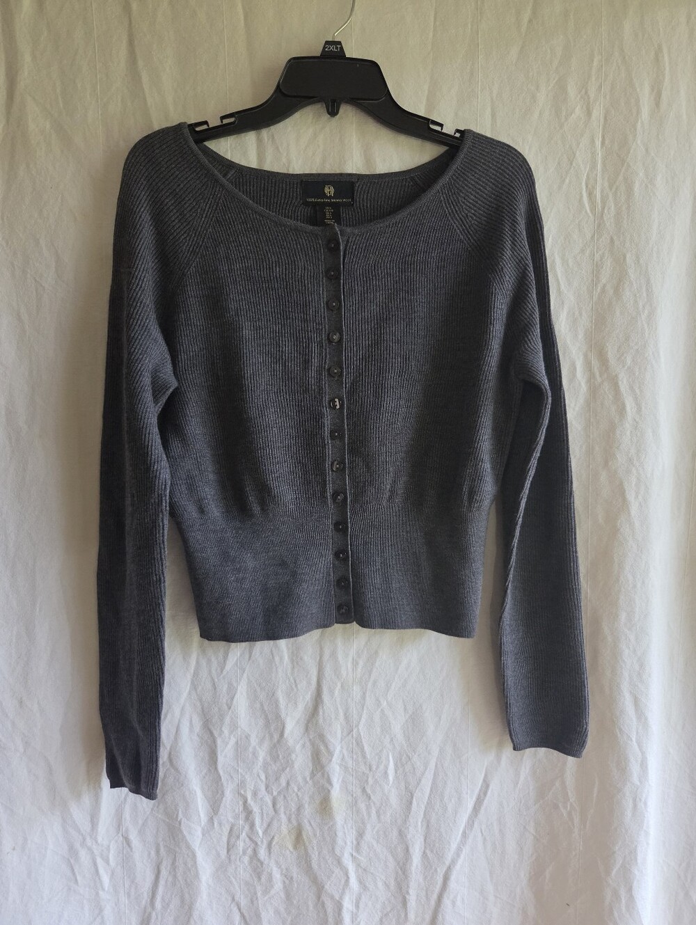 House Of Harlow Women's Cardigan L Gray 100% Merino Wool Ribbed Quiet Luxury